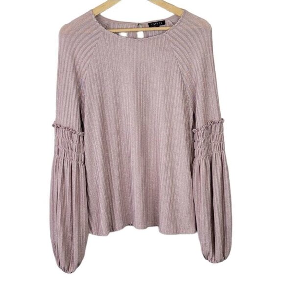 1. State Smocked Sleeve Ribbed Blouse Shadow Pink Long Sleeve Metallic L - Picture 2 of 13